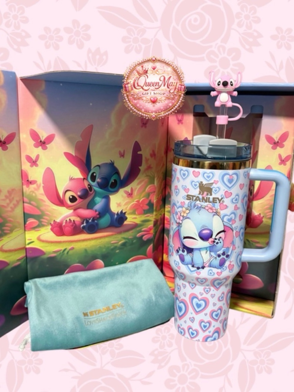 Blue Kisses Lilo & Stitch 40 oz Tumbler - Pastel Pink & Blue